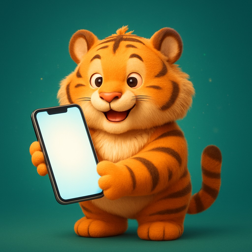 স্মার্টফোনে kkbd app অ্যাপটি ব্যবহার করা একটি কার্টুন বাঘশাবকের দৃশ্য